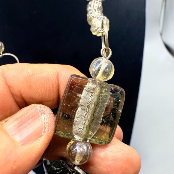 Glass Beaded Clear Fused Square Chunky Beads Necklace Gold Tone - Picture 4 of 5